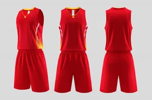 Detailed front, side, and back view of red sleeveless basketball jersey set
