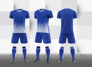 Detailed view of royal blue soccer training uniform set with jersey, shorts, and socks