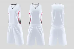 Multi-angle view of white sleeveless basketball uniform set with side stripes