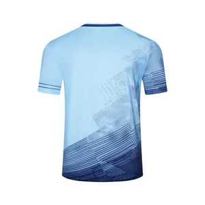 Blue gradient short-sleeve sports jersey for badminton, back view with geometric pattern.