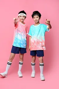 Detailed view of children's soccer uniform set with colorful gradient zigzag patterns