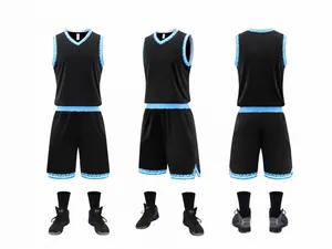 Professional men's black basketball uniform set featuring light blue geometric patterned trim