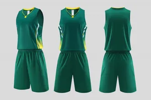 Detail view of green sleeveless basketball jersey and shorts set from multiple angles.