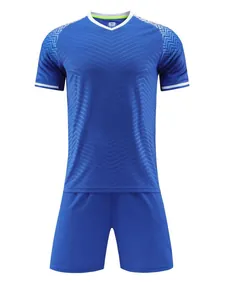 Professional blue soccer jersey and shorts set with chevron pattern and white V-neck trim