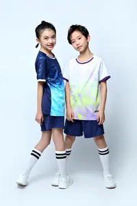 Full-body view of kids summer soccer jersey uniform set in blue and white colors