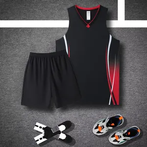 Detail view of a premium black basketball jersey set with red and white stripe accents.