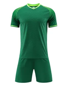 Professional green football training suit with V-pattern jersey and matching soccer shorts set