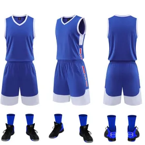 Professional royal blue basketball uniform set with front, side and back views.