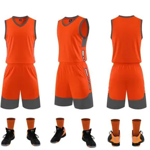 Breathable orange basketball jersey and shorts set for student sports team training