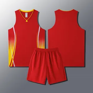 Detail view of red sleeveless basketball jersey and shorts with side flame patterns