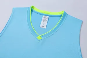 Detail view of V-neck basketball jersey with breathable polyester mesh and neon green trim