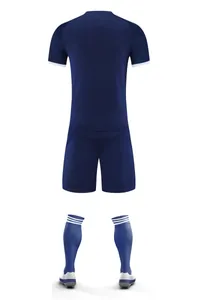 Detail view of navy blue adult soccer jersey set including shirt, shorts and socks