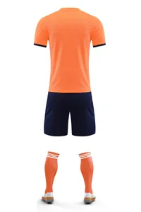 Back view of orange and navy blue men's sports training suit set with jersey and shorts