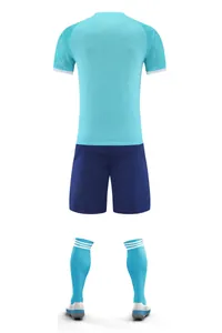 Back view of light blue professional soccer jersey set with dark blue shorts and athletic socks