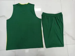 Back view detail of a green athletic basketball jersey set with matching shorts