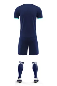 Back view of navy blue comprehensive sports training suit with jersey shorts and socks