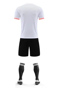 Back view of professional men's and kids' white sports jersey with shorts and socks kit