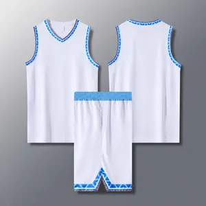 White basketball jersey and shorts set with blue and orange geometric trim patterns