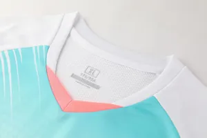 Close-up detail of V-neck collar on a breathable mesh athletic sports training jersey