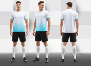 Detailed front side and back views of the white and blue gradient soccer training kit