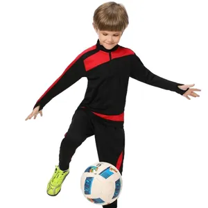 Survêtement de football pour enfants noir et rouge à manches longues et demi-zip