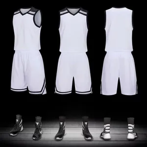 Front, side, and back views of a white breathable basketball training jersey set