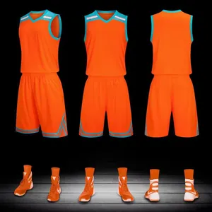 Multi-angle views of professional orange basketball jersey set with matching sports shoes