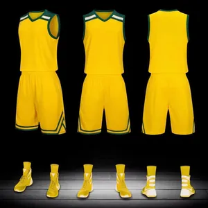 Yellow basketball jersey set detail showing front, back, and side views with accessories