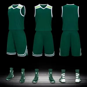 Detailed view of dark green basketball uniform set with white and lime green accents