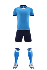 Professional detailed view of sky blue soccer jersey kit including shorts and matching socks