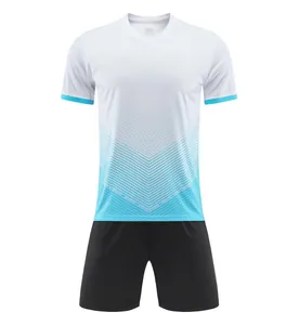 Athletic men's soccer uniform set featuring white-to-blue gradient jersey and black shorts.