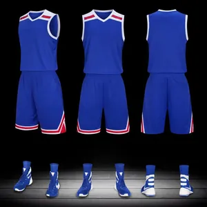 Professional blue basketball jersey and shorts set shown from three views with matching shoes.