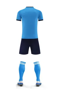 Professional back view of a blue soccer uniform set including jersey shorts and socks