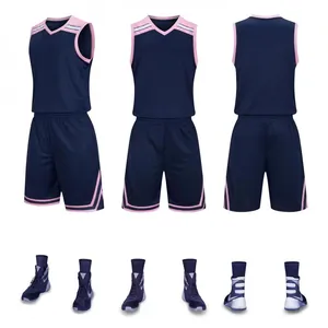 Navy blue professional basketball uniform set with pink trim for team sports training