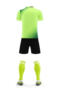 Back view of neon green breathable soccer jersey kit with shorts and socks