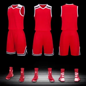 Detailed view of red professional basketball uniform set and matching athletic shoes