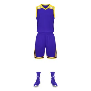 Purple basketball jersey set including jersey, shorts, and matching socks on white background.