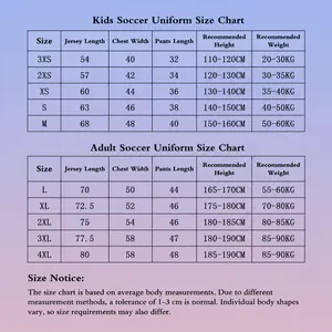 Size chart for kids and adult soccer jerseys with measurements for height and weight.