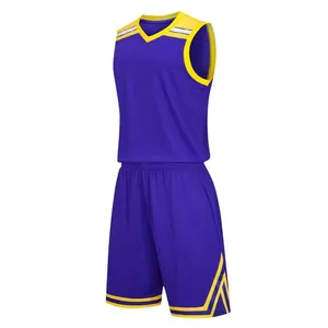 Professional breathable purple and yellow mesh basketball training uniform set for team sports