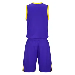Back view of professional purple basketball uniform set with breathable yellow trim