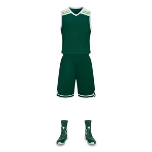 Front view of a dark green breathable basketball jersey and shorts set for training