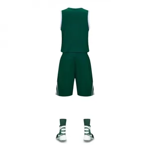 Detailed back view of a dark green basketball jersey set with matching athletic shoes