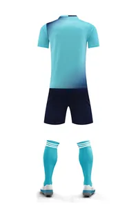 Back view of breathable blue gradient soccer uniform set with shorts and socks