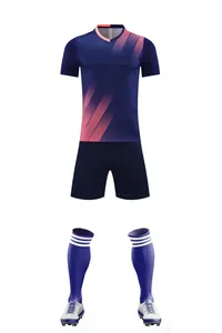Quick-dry navy blue soccer training jersey set with vibrant pink gradient stripes and socks
