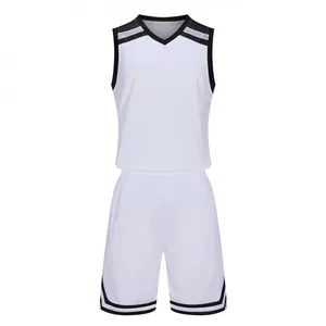 Front view of professional white basketball jersey and shorts set with black striped trim