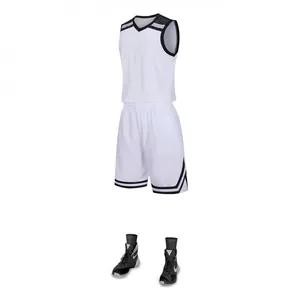 White basketball jersey and shorts set with black athletic shoes on white background