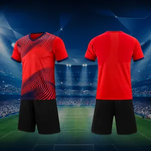 Red and black football uniform set showing front and back views with stadium background