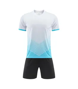 Men's soccer uniform set featuring white blue gradient jersey and black shorts for training