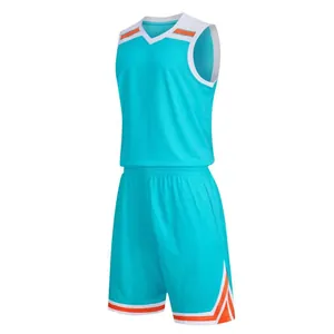 Professional teal breathable basketball jersey and shorts set with white and orange trim