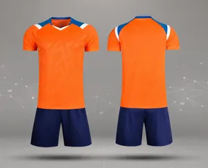 Front and back view of orange and blue quick-dry soccer jersey and shorts set